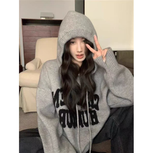 重磅加厚款連帽毛衣外套女春秋寬松慵懶風字母刺綉衛衣灰色針織衫