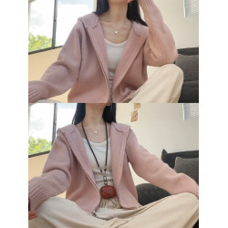 粉色連帽針織衫上衣女秋冬2025秋季拉鍊慵懶軟糯外搭毛衣開衫外套