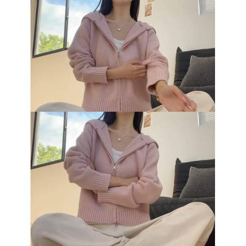 粉色連帽針織衫上衣女秋冬2025秋季拉鍊慵懶軟糯外搭毛衣開衫外套 粉色連帽針織衫上衣女秋冬2025秋季拉鍊慵懶軟糯外搭毛衣開衫外套