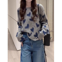 拉夏貝爾灰色印花長袖針織衫女春秋款愛心字母寬松圓領上衣打底衫