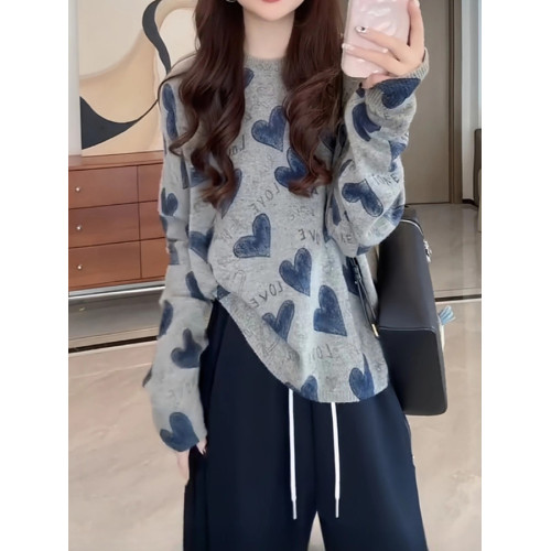 拉夏貝爾灰色印花長袖針織衫女春秋款愛心字母寬松圓領上衣打底衫