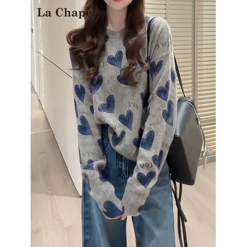 拉夏貝爾灰色印花長袖針織衫女春秋款愛心字母寬松圓領上衣打底衫