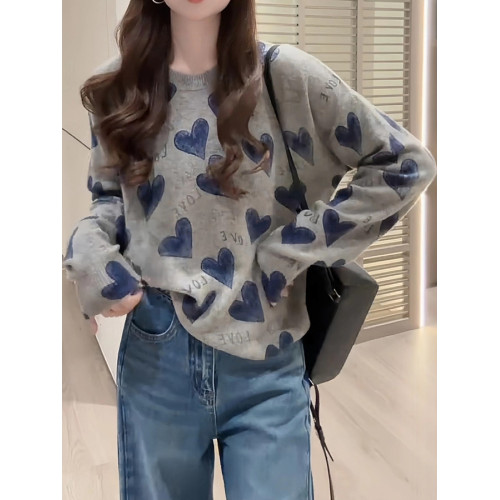 拉夏貝爾灰色印花長袖針織衫女春秋款愛心字母寬松圓領上衣打底衫