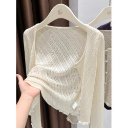 燕麥色薄款小香風針織外套女秋冬高級感花邊鏤空毛衣長袖外搭開衫