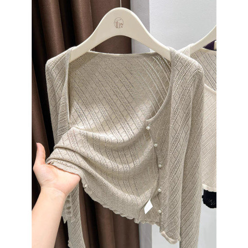 燕麥色薄款小香風針織外套女秋冬高級感花邊鏤空毛衣長袖外搭開衫