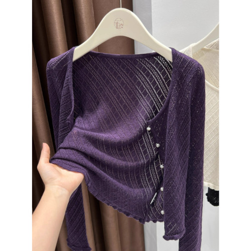 燕麥色薄款小香風針織外套女秋冬高級感花邊鏤空毛衣長袖外搭開衫