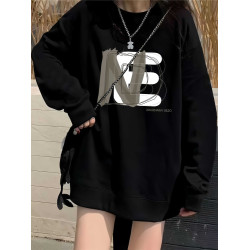 純棉黑色圓領衛衣女2025新款爆款春秋季美式復古寬松慵懶無帽上衣