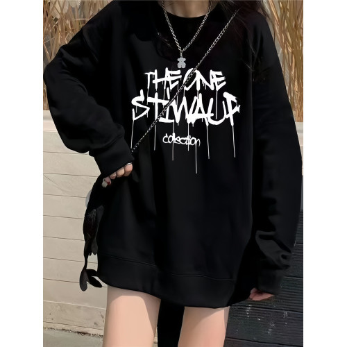 純棉黑色圓領衛衣女2025新款爆款春秋季美式復古寬松慵懶無帽上衣 純棉黑色圓領衛衣女2025新款爆款春秋季美式復古寬松慵懶無帽上衣