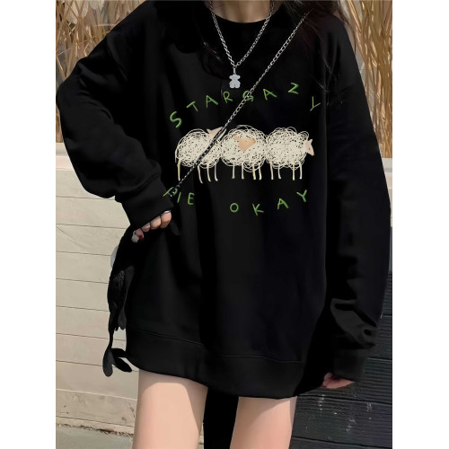 純棉黑色圓領衛衣女2025新款爆款春秋季美式復古寬松慵懶無帽上衣 純棉黑色圓領衛衣女2025新款爆款春秋季美式復古寬松慵懶無帽上衣