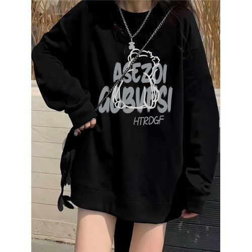 純棉黑色圓領衛衣女2025新款爆款春秋季美式復古寬松慵懶無帽上衣 純棉黑色圓領衛衣女2025新款爆款春秋季美式復古寬松慵懶無帽上衣