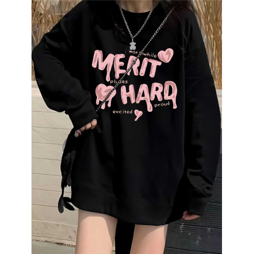 純棉黑色圓領衛衣女2025新款爆款春秋季美式復古寬松慵懶無帽上衣 純棉黑色圓領衛衣女2025新款爆款春秋季美式復古寬松慵懶無帽上衣