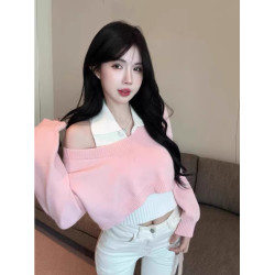 學院風polo領毛衣女秋季新款短款針織兩件套裝慵懶翻領小個子上衣