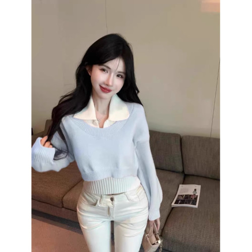 學院風polo領毛衣女秋季新款短款針織兩件套裝慵懶翻領小個子上衣