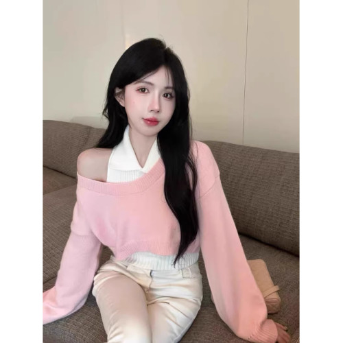 學院風polo領毛衣女秋季新款短款針織兩件套裝慵懶翻領小個子上衣