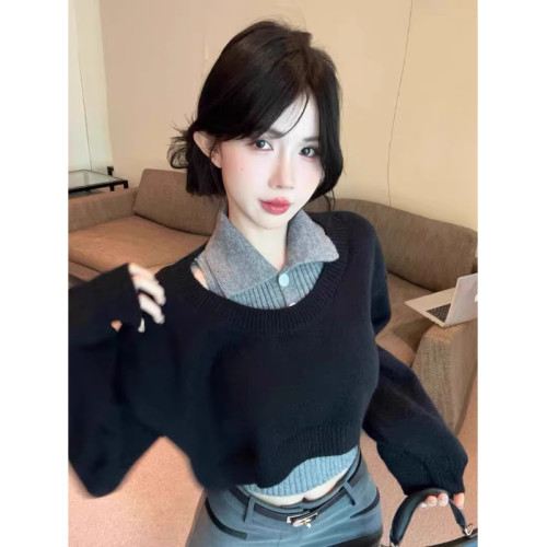 學院風polo領毛衣女秋季新款短款針織兩件套裝慵懶翻領小個子上衣