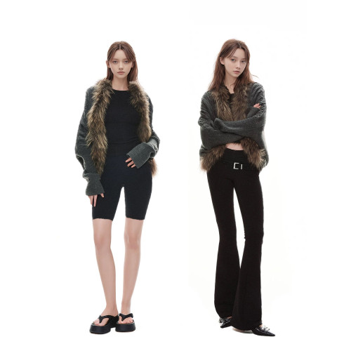 美式辣妹毛領長袖針織毛衣開衫女秋冬慵懶設計高級感小衆復古外套 美式辣妹毛領長袖針織毛衣開衫女秋冬慵懶設計高級感小衆復古外套