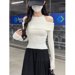 PPHOME法式一字肩掛脖長袖針織衫女秋季溫柔氣質假兩件上衣打底衫