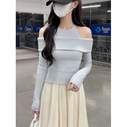 PPHOME法式一字肩掛脖長袖針織衫女秋季溫柔氣質假兩件上衣打底衫 PPHOME法式一字肩掛脖長袖針織衫女秋季溫柔氣質假兩件上衣打底衫