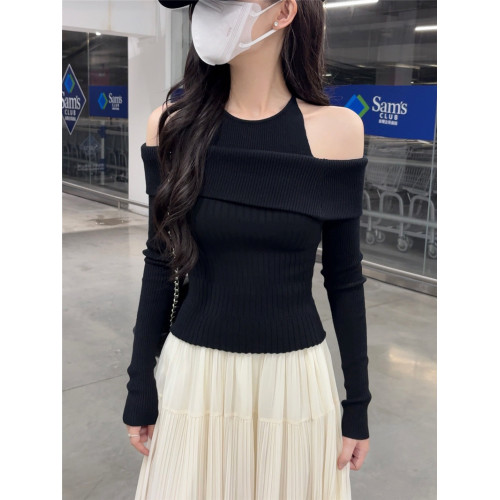 PPHOME法式一字肩掛脖長袖針織衫女秋季溫柔氣質假兩件上衣打底衫 PPHOME法式一字肩掛脖長袖針織衫女秋季溫柔氣質假兩件上衣打底衫