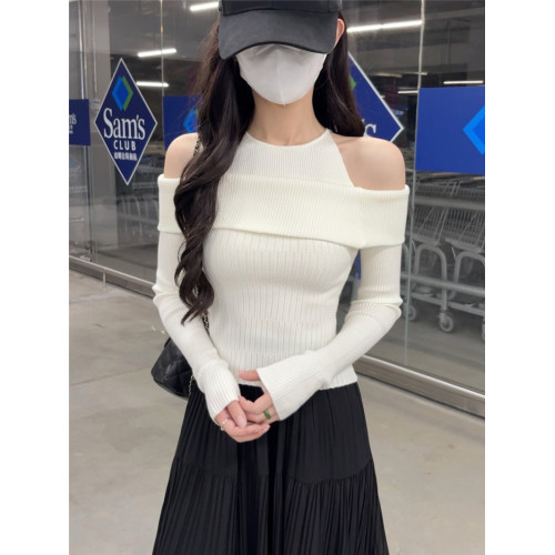 PPHOME法式一字肩掛脖長袖針織衫女秋季溫柔氣質假兩件上衣打底衫 PPHOME法式一字肩掛脖長袖針織衫女秋季溫柔氣質假兩件上衣打底衫