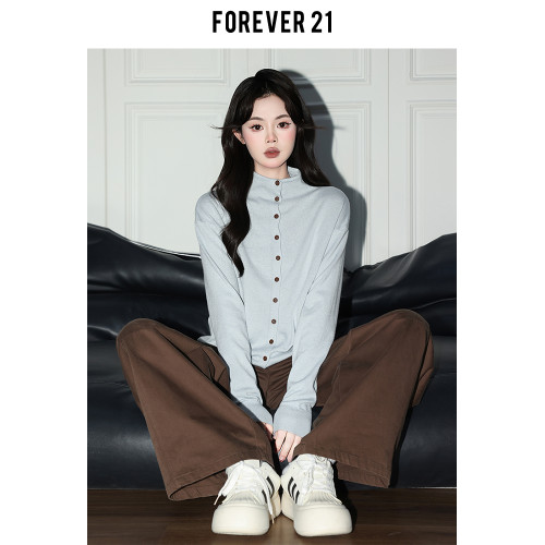 Forever 21韓系淺藍半高領針織開衫女秋寬松長袖羊毛內搭打底上衣