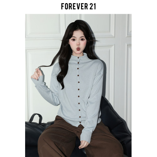 Forever 21韓系淺藍半高領針織開衫女秋寬松長袖羊毛內搭打底上衣