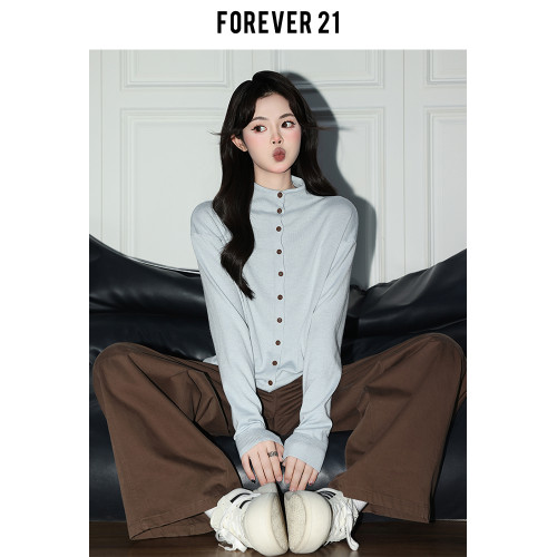 Forever 21韓系淺藍半高領針織開衫女秋寬松長袖羊毛內搭打底上衣