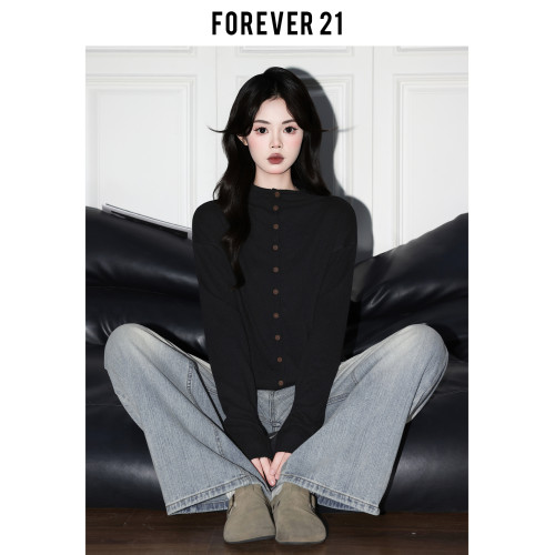 Forever 21韓系淺藍半高領針織開衫女秋寬松長袖羊毛內搭打底上衣