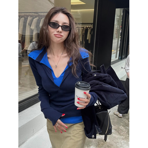 藏藍色假兩件上衣女韓系氛圍感穿搭早秋2025新款設計感針織打底衫