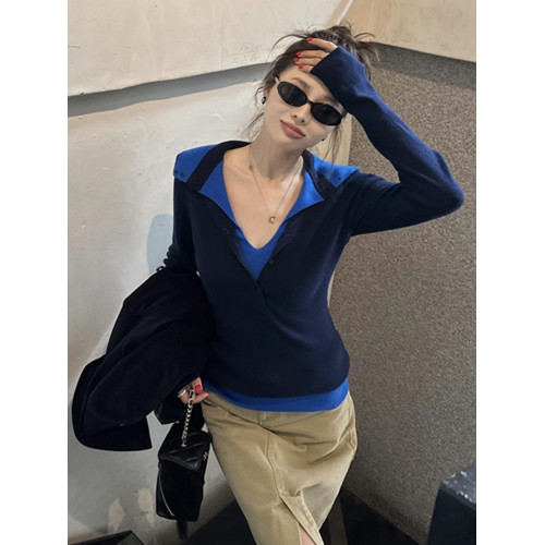 藏藍色假兩件上衣女韓系氛圍感穿搭早秋2025新款設計感針織打底衫