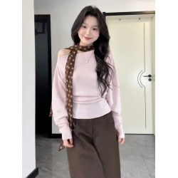 粉色斜肩針織衫上衣女2025新款秋冬韓系氛圍感別致絕美獨特超好看