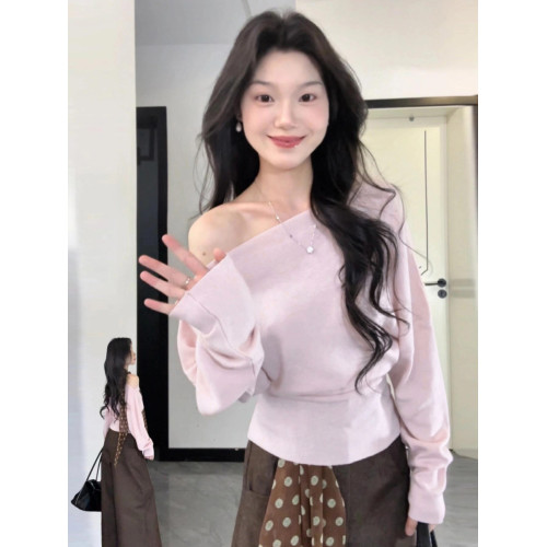 粉色斜肩針織衫上衣女2025新款秋冬韓系氛圍感別致絕美獨特超好看