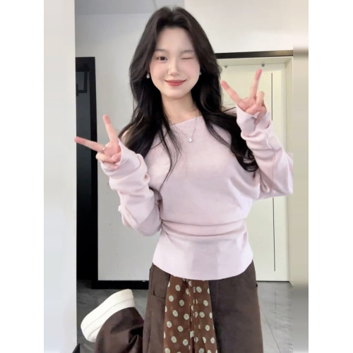 粉色斜肩針織衫上衣女2025新款秋冬韓系氛圍感別致絕美獨特超好看