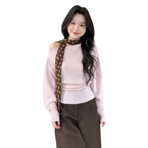 粉色斜肩針織衫上衣女2025新款秋冬韓系氛圍感別致絕美獨特超好看