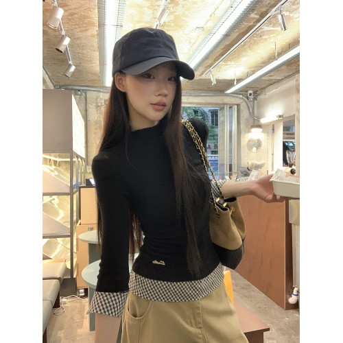 紅人館毛衣女春季慵懶高級感套頭黑色上衣修身半高領假兩件針織衫