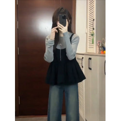 大碼胖mm高級感穿搭巨好看針織衫女裝秋冬韓系吊帶曡穿兩件套上衣