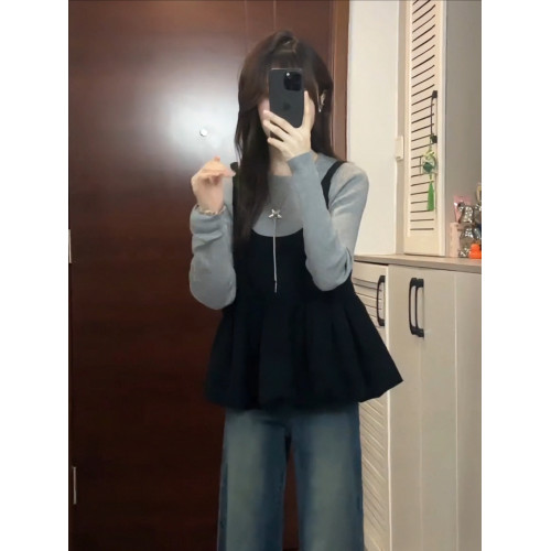 大碼胖mm高級感穿搭巨好看針織衫女裝秋冬韓系吊帶曡穿兩件套上衣