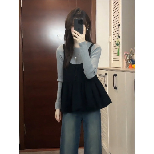 大碼胖mm高級感穿搭巨好看針織衫女裝秋冬韓系吊帶曡穿兩件套上衣