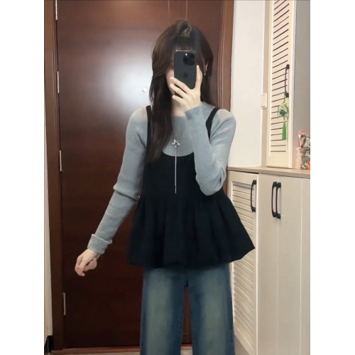 大碼胖mm高級感穿搭巨好看針織衫女裝秋冬韓系吊帶曡穿兩件套上衣