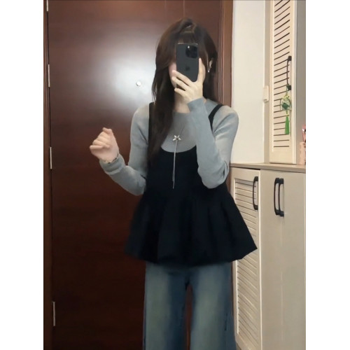 大碼胖mm高級感穿搭巨好看針織衫女裝秋冬韓系吊帶曡穿兩件套上衣