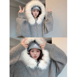 灰色毛領連帽毛衣外套女秋冬慵懶寬松顯瘦休閒設計感百搭針織開衫