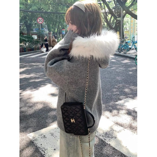 灰色毛領連帽毛衣外套女秋冬慵懶寬松顯瘦休閒設計感百搭針織開衫