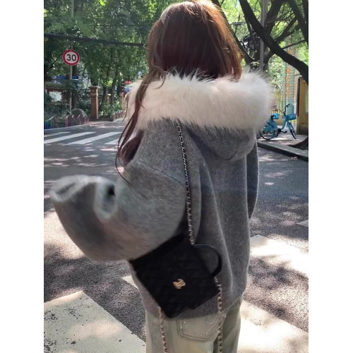 灰色毛領連帽毛衣外套女秋冬慵懶寬松顯瘦休閒設計感百搭針織開衫