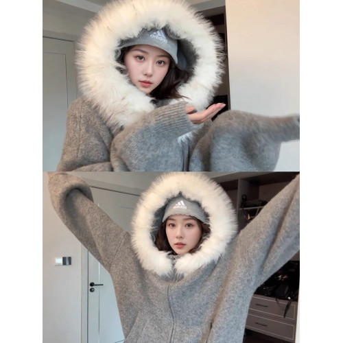 灰色毛領連帽毛衣外套女秋冬慵懶寬松顯瘦休閒設計感百搭針織開衫