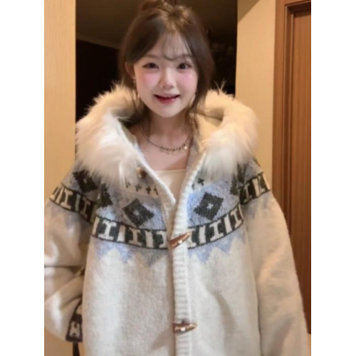 費爾島牛角釦毛領連帽毛衣外套女秋冬高級感復古慵懶寬松針織開衫