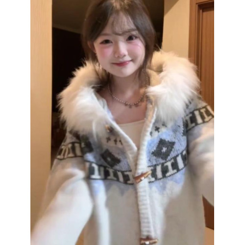 費爾島牛角釦毛領連帽毛衣外套女秋冬高級感復古慵懶寬松針織開衫