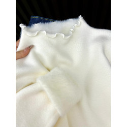 花邊半高領冬季加絨內搭毛衣女修身軟糯白色打底衫一體絨上衣秋冬