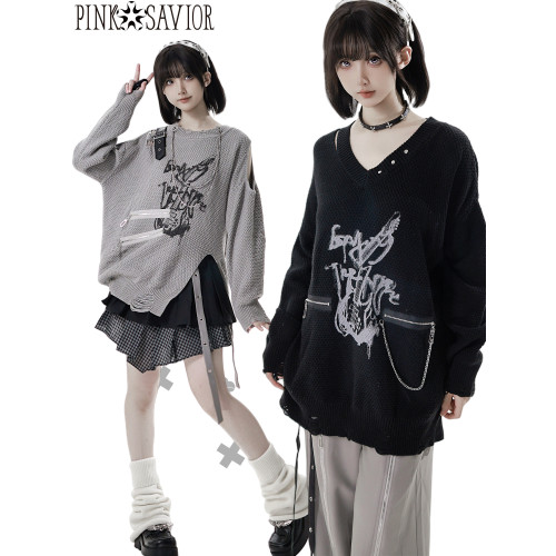 pinksavior【灰度和弦】黑灰設計不規則粗織秋冬毛衣格紋搭配長褲