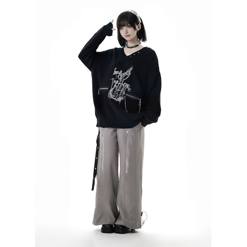 pinksavior【灰度和弦】黑灰設計不規則粗織秋冬毛衣格紋搭配長褲