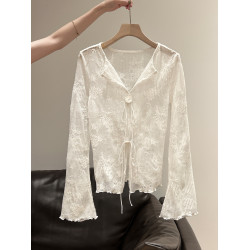 白色毛針織開衫長袖木耳邊罩衫女裝2025早秋修身微透系帶上衣外套